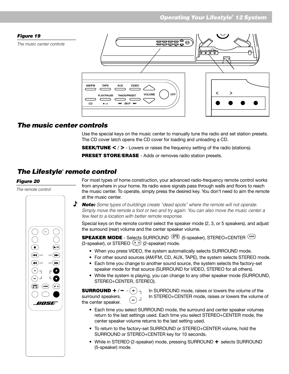 The music center controls, The lifestyle, Remote control | Operating your lifestyle, 12 system, Speaker), stereo+center, Speaker), or stereo, Selects surround (5-speaker) mode, Figure 19, Figure 20 | Bose 12 User Manual | Page 21 / 34