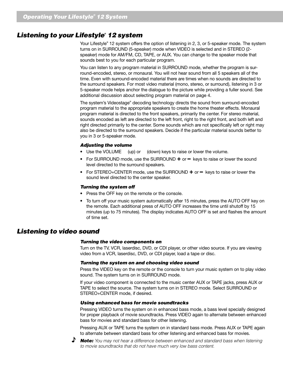 Listening to your lifestyle, 12 system, Listening to video sound | Bose 12 User Manual | Page 22 / 34