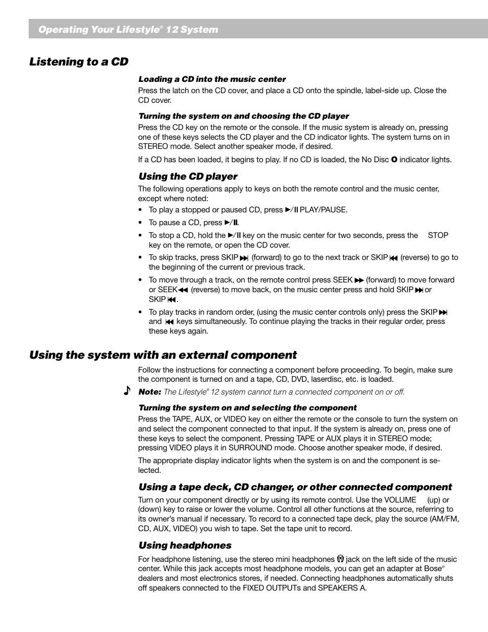 Listening to a cd, Using the system with an external component | Bose 12 User Manual | Page 24 / 34