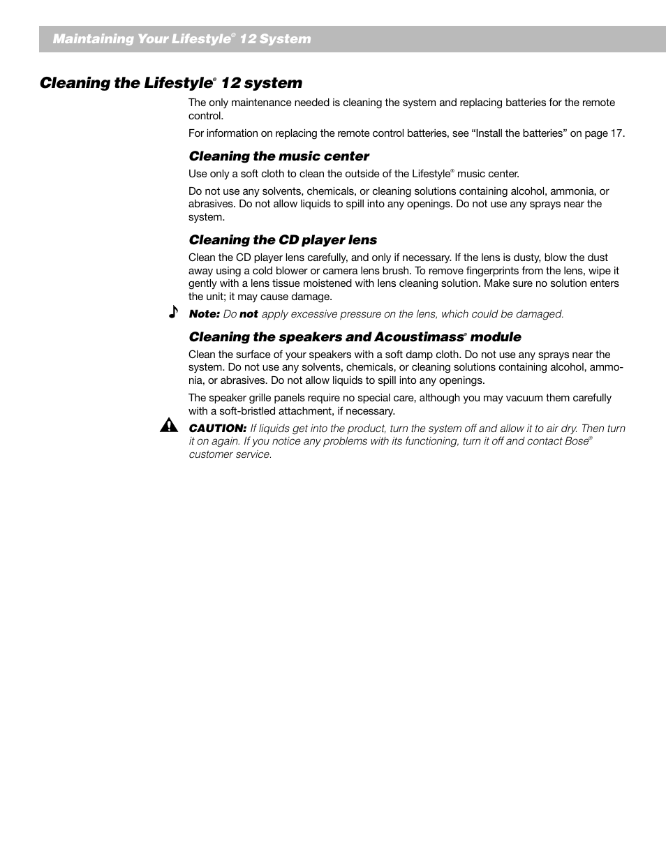 Cleaning the lifestyle, Maintaining your lifestyle, 12 system | Cleaning the music center, Cleaning the cd player lens, Cleaning the speakers and acoustimass, Module | Bose 12 User Manual | Page 30 / 34