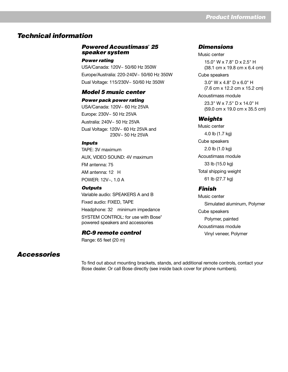 Accessories, Technical information | Bose 12 User Manual | Page 31 / 34