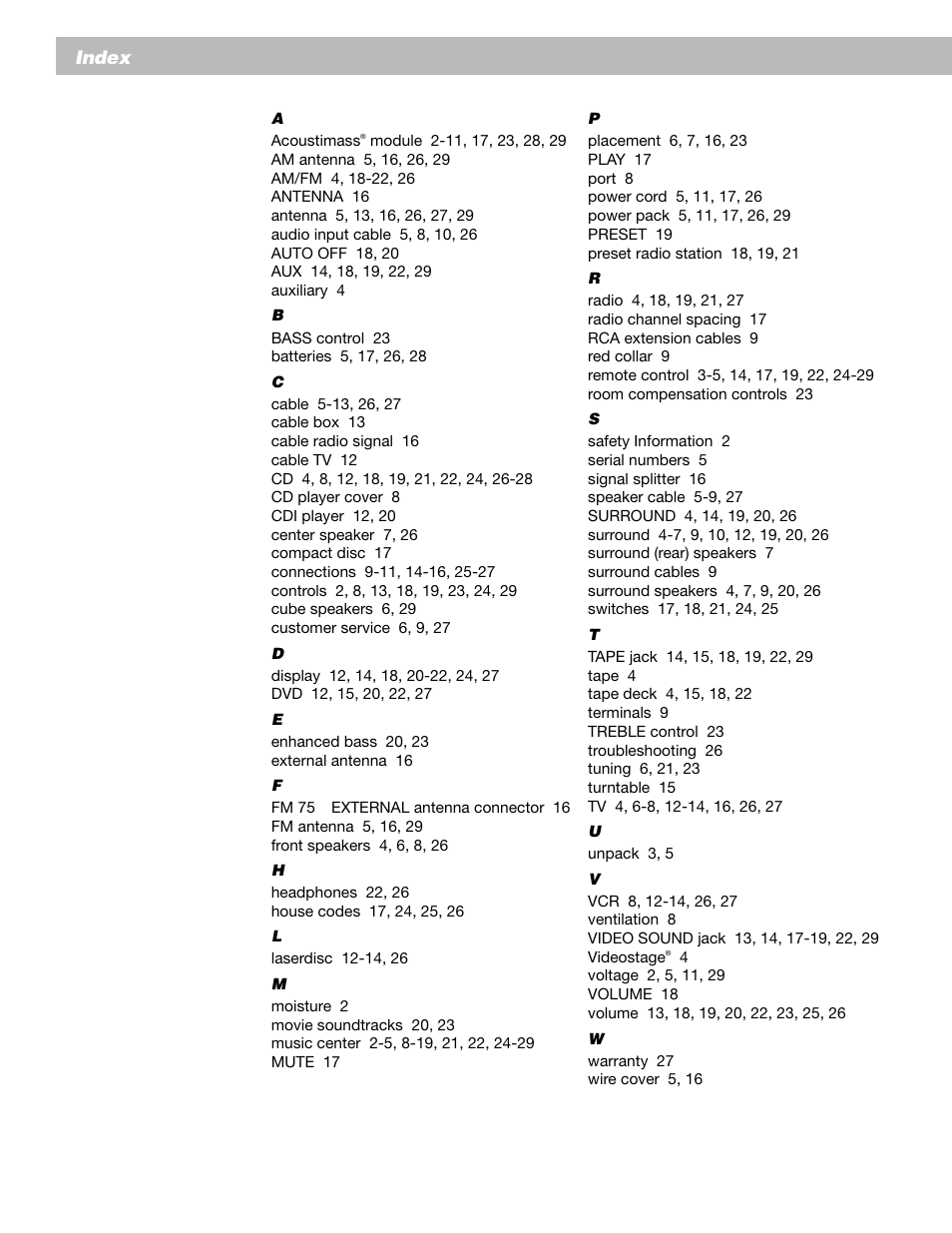 Index | Bose 12 User Manual | Page 32 / 34