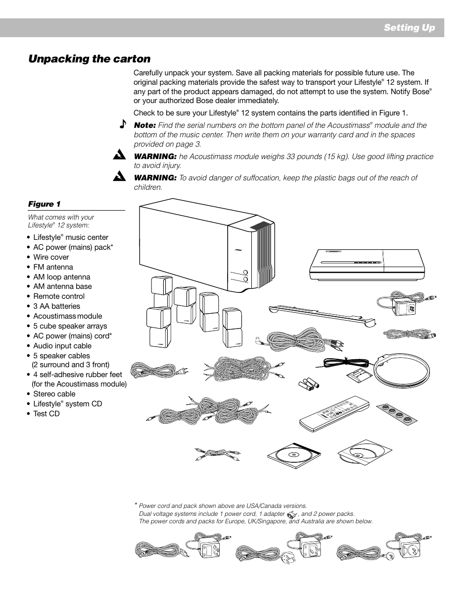 Unpacking the carton, Setting up | Bose 12 User Manual | Page 7 / 34