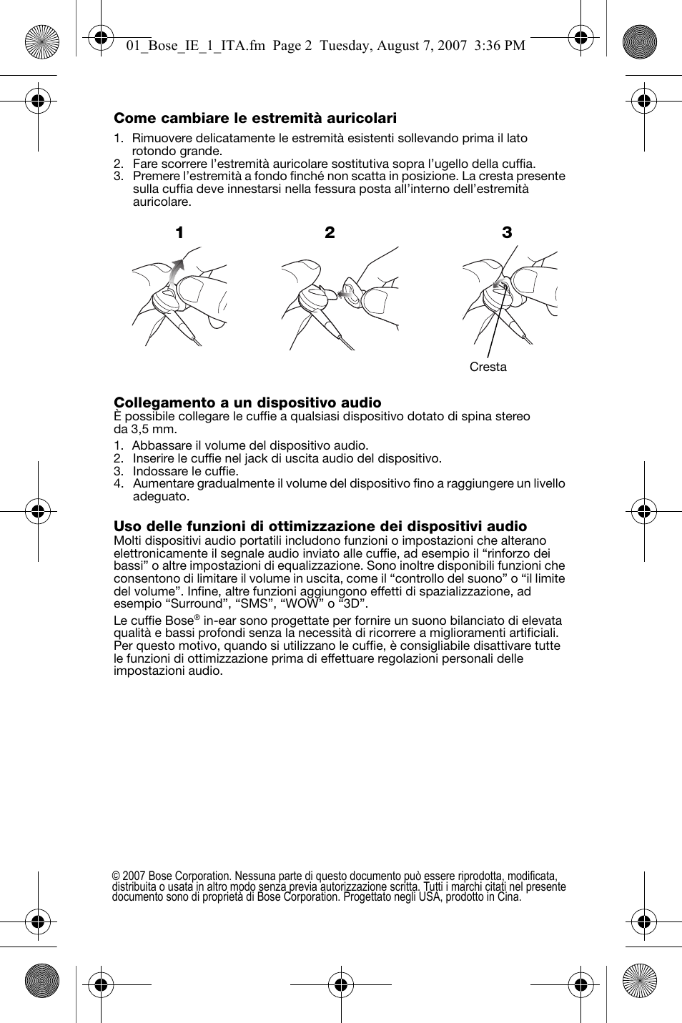 Come cambiare le estremità auricolari, Cresta, Collegamento a un dispositivo audio | Abbassare il volume del dispositivo audio, Indossare le cuffie | Bose In-Ear Headphones User Manual | Page 23 / 55