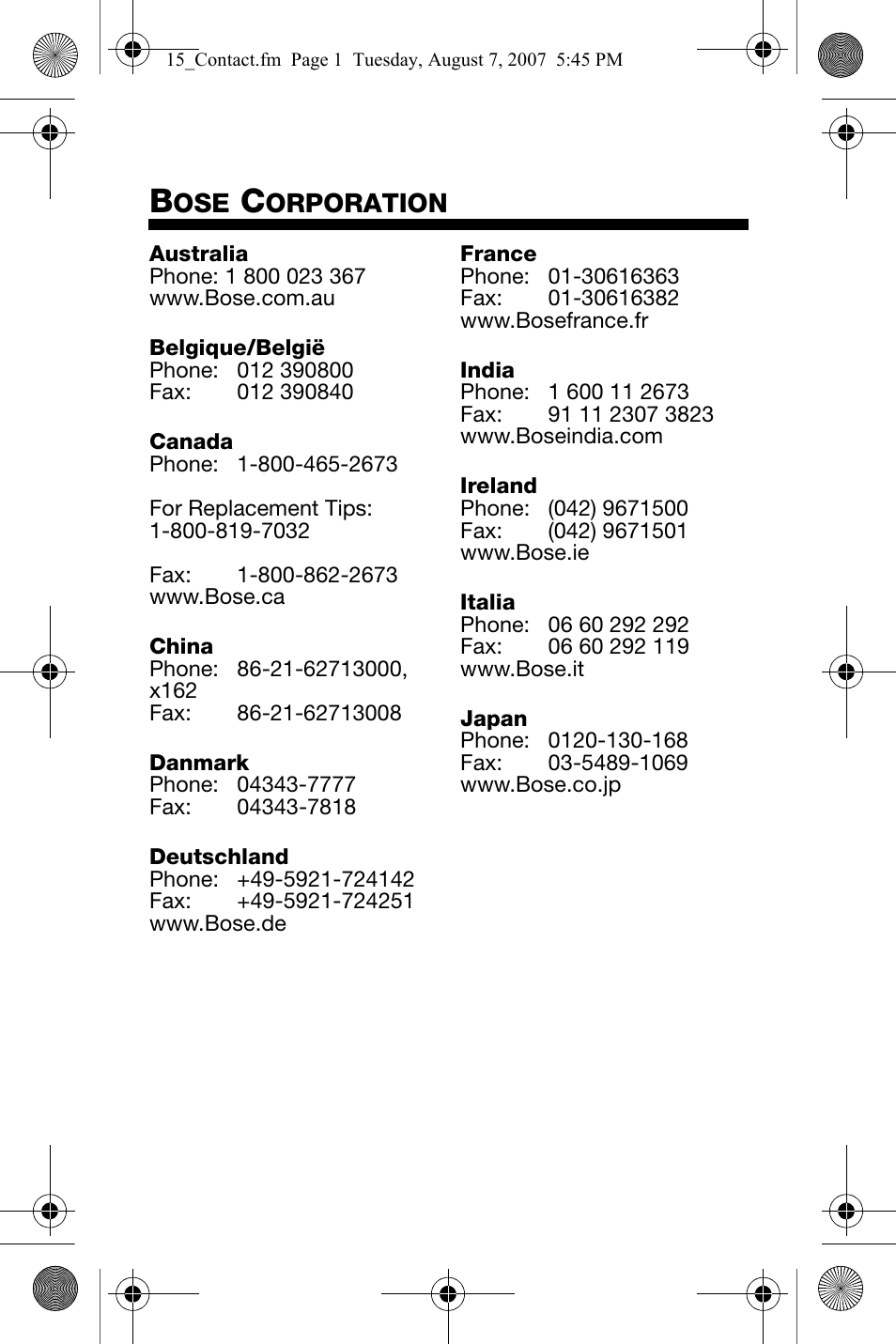 Australia, Belgique/belgië, Canada | China, Danmark, Deutschland, France, India, Ireland, Italia | Bose In-Ear Headphones User Manual | Page 54 / 55