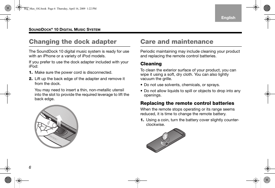 Changing the dock adapter, Care and maintenance, Cleaning | Replacing the remote control batteries | Bose SoundDock AM314136 User Manual | Page 10 / 40