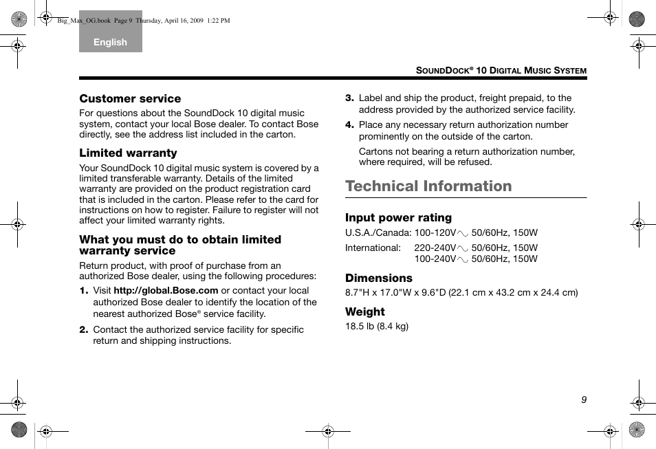 Customer service, Limited warranty, Technical information | Input power rating, Dimensions, Weight | Bose SoundDock AM314136 User Manual | Page 13 / 40