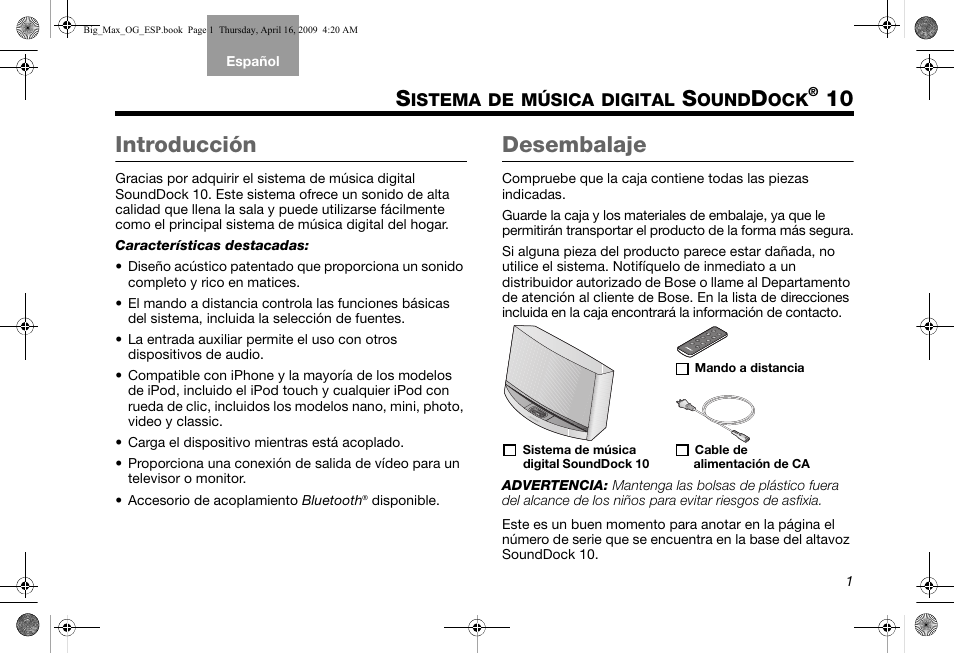 10 introducción, Desembalaje | Bose SoundDock AM314136 User Manual | Page 17 / 40