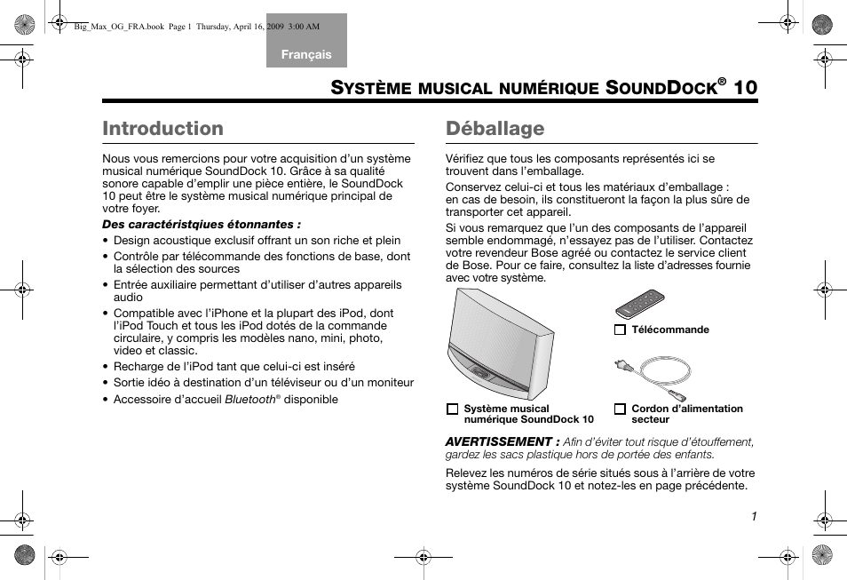 10 introduction, Déballage | Bose SoundDock AM314136 User Manual | Page 29 / 40