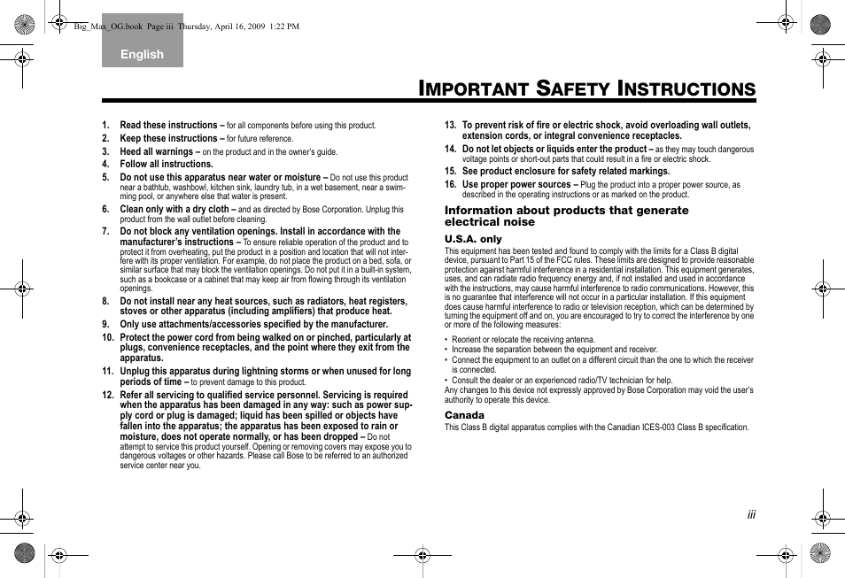 Mportant, Afety, Nstructions | Bose SoundDock AM314136 User Manual | Page 3 / 40