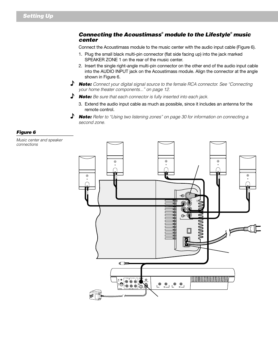 Setting up, Connecting the acoustimass, Module to the lifestyle | Music center | Bose Lifestyle 25 Series II User Manual | Page 12 / 42