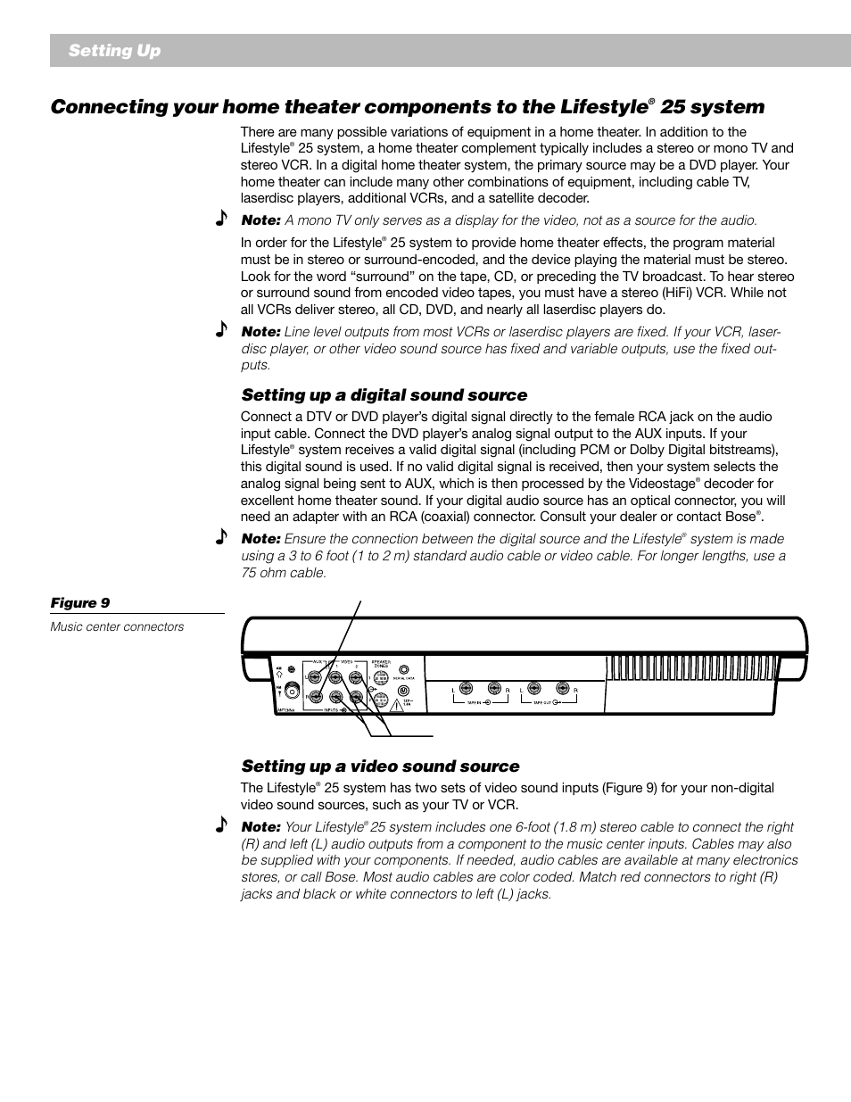 25 system, Setting up, Setting up a digital sound source | Setting up a video sound source | Bose Lifestyle 25 Series II User Manual | Page 14 / 42