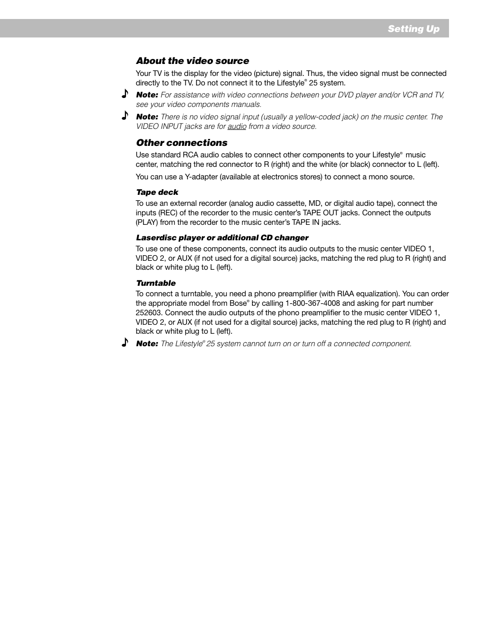 Setting up about the video source, Other connections | Bose Lifestyle 25 Series II User Manual | Page 17 / 42