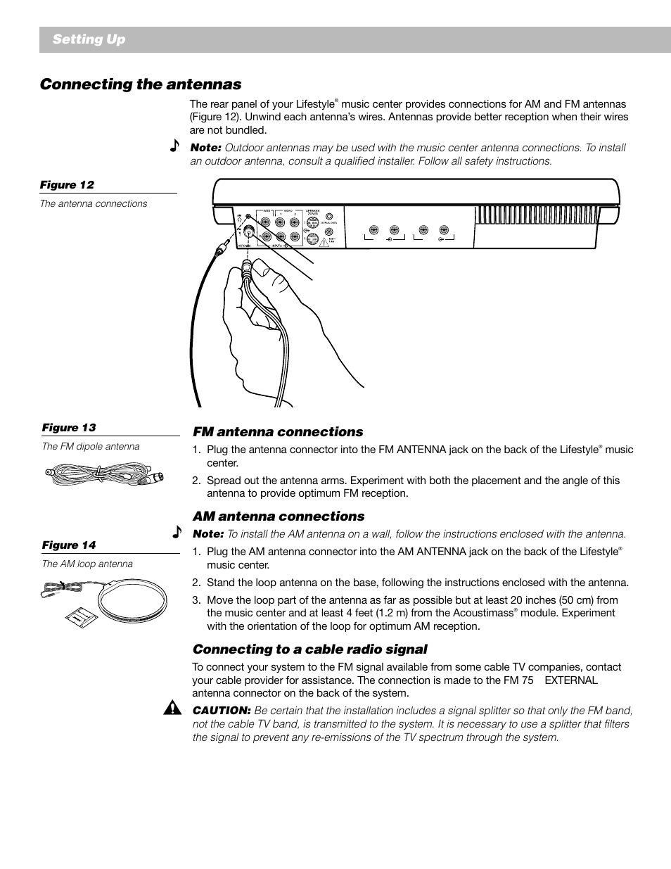 Connecting the antennas, Setting up, Fm antenna connections | Am antenna connections, Connecting to a cable radio signal | Bose Lifestyle 25 Series II User Manual | Page 18 / 42