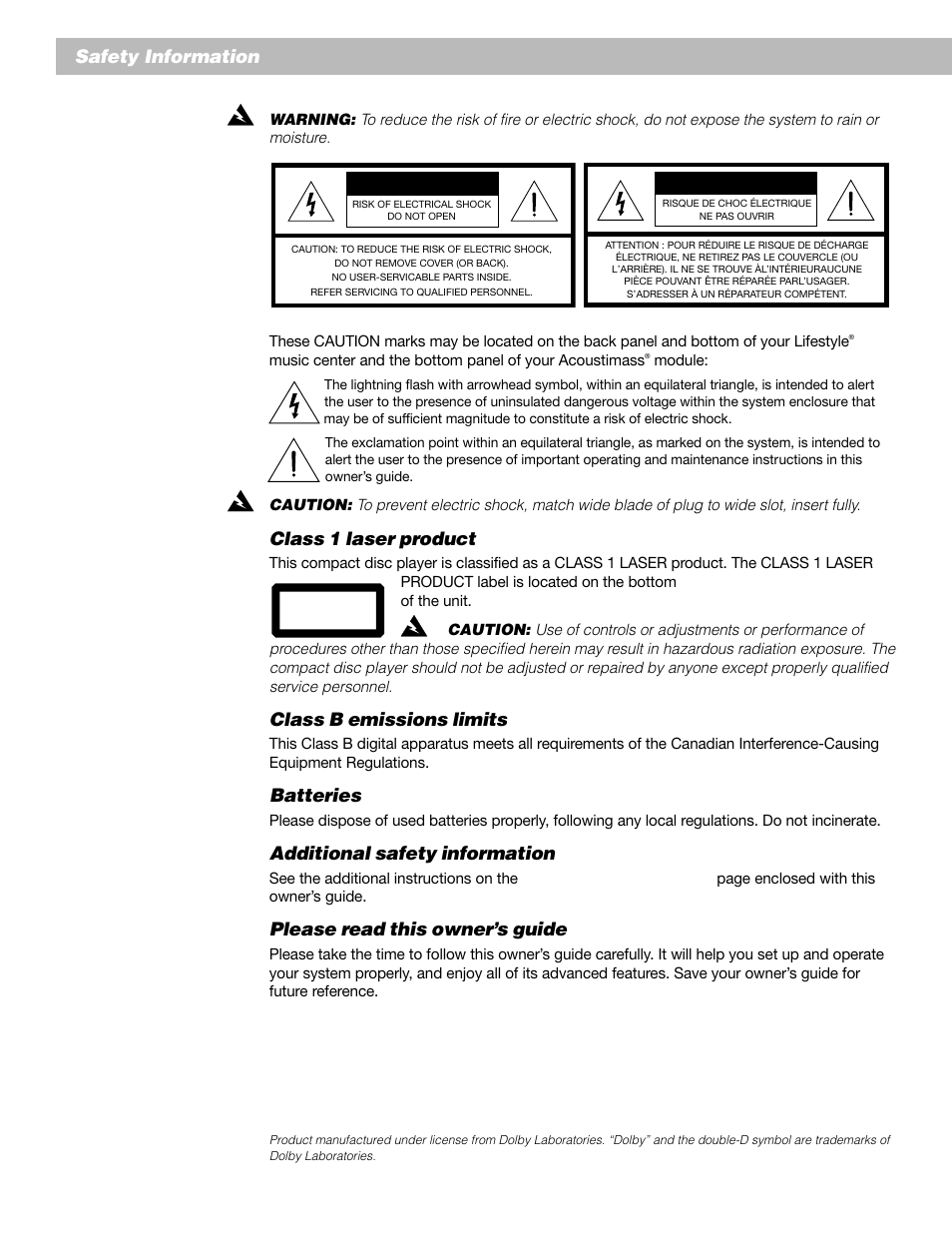 Caution, Safety information, Class 1 laser product | Class b emissions limits, Batteries, Additional safety information, Please read this owner’s guide | Bose Lifestyle 25 Series II User Manual | Page 2 / 42