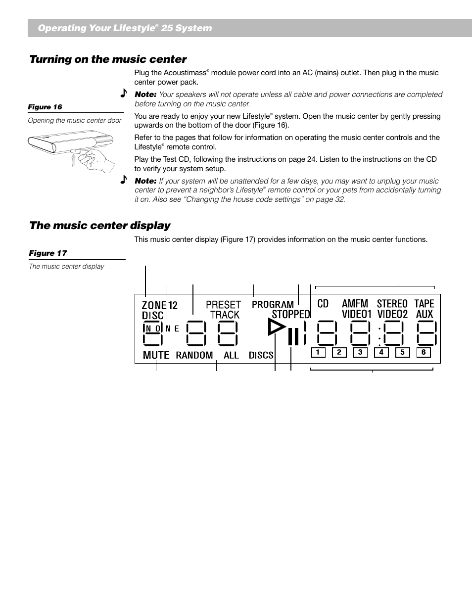 Turning on the music center, The music center display, Operating your lifestyle | 25 system | Bose Lifestyle 25 Series II User Manual | Page 20 / 42