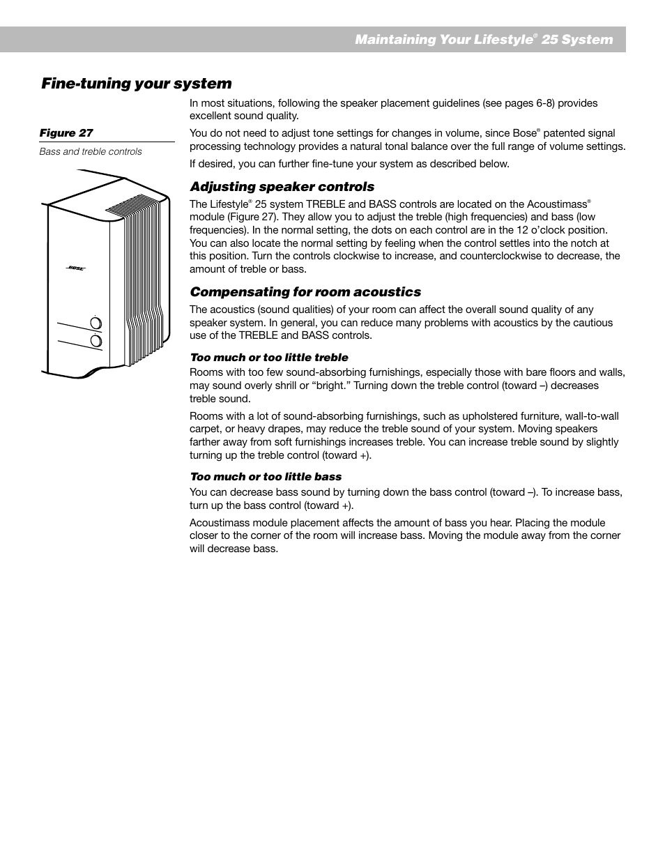 Fine-tuning your system, Maintaining your lifestyle, 25 system | Adjusting speaker controls, Compensating for room acoustics | Bose Lifestyle 25 Series II User Manual | Page 31 / 42