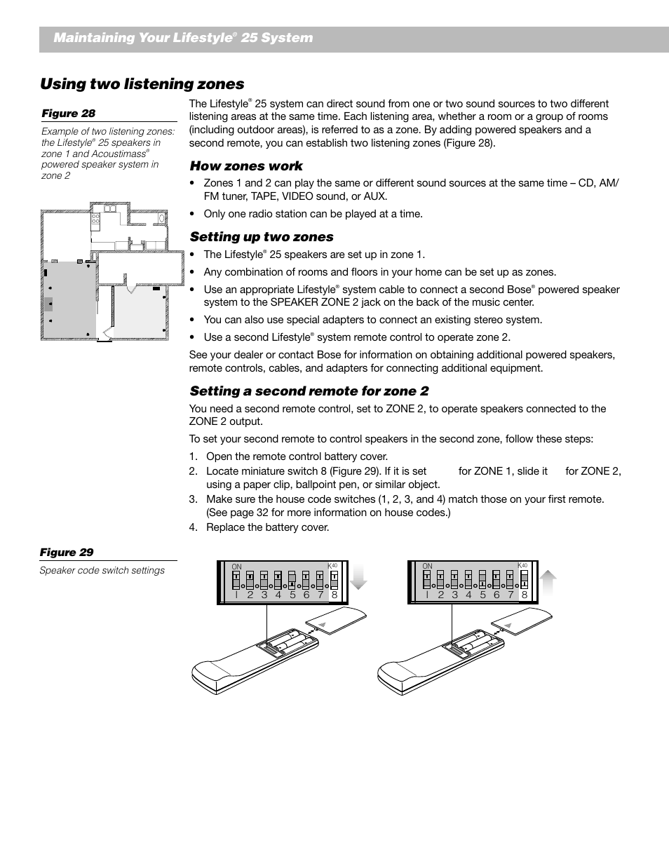 Using two listening zones, How zones work, Setting up two zones | Setting a second remote for zone 2, Maintaining your lifestyle, 25 system | Bose Lifestyle 25 Series II User Manual | Page 32 / 42