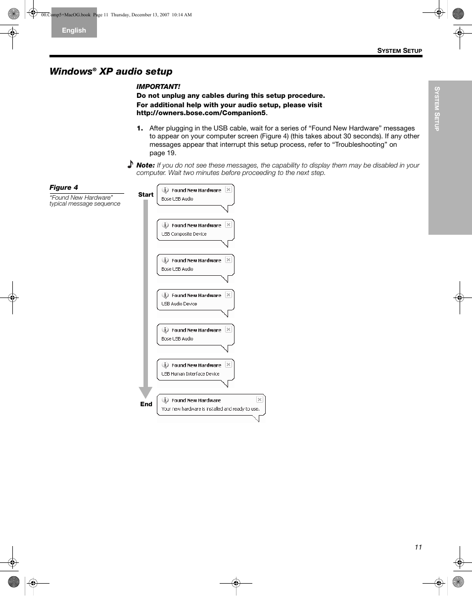 Windows® xp audio setup, O “windows, Windows | Xp audio setup | Bose Multimedia Companion 5 User Manual | Page 11 / 21