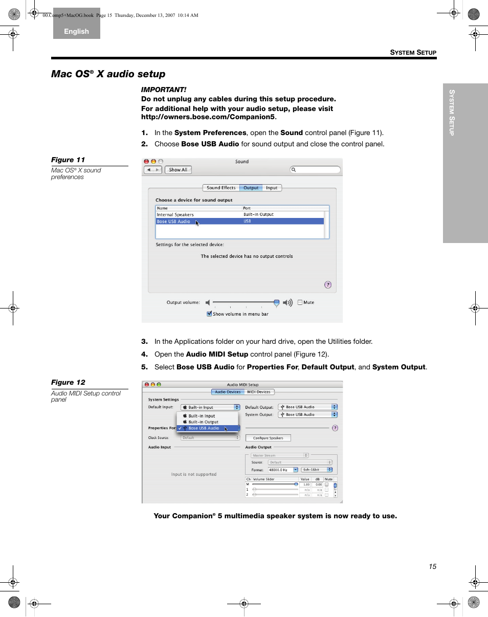 Mac os® x audio setup, Mac os, X audio setup | Bose Multimedia Companion 5 User Manual | Page 15 / 21