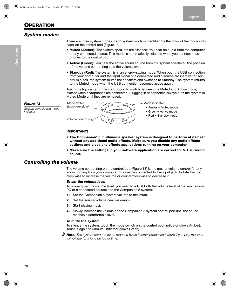 Operation, System modes, Controlling the volume | Peration | Bose Multimedia Companion 5 User Manual | Page 16 / 21