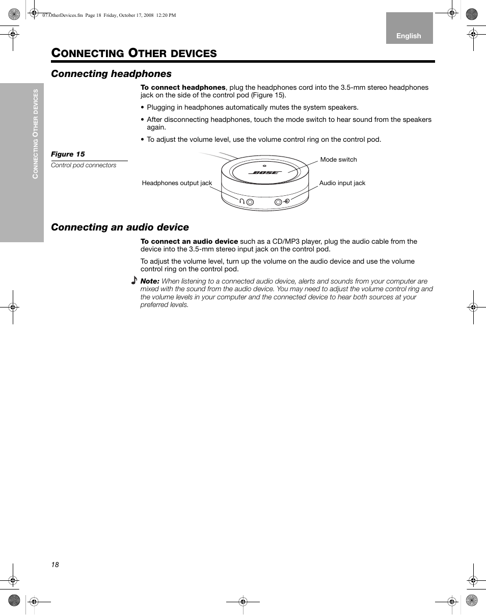 Otherdevices, Connecting other devices, Connecting headphones | Connecting an audio device, Onnecting, Ther, Devices | Bose Multimedia Companion 5 User Manual | Page 18 / 21