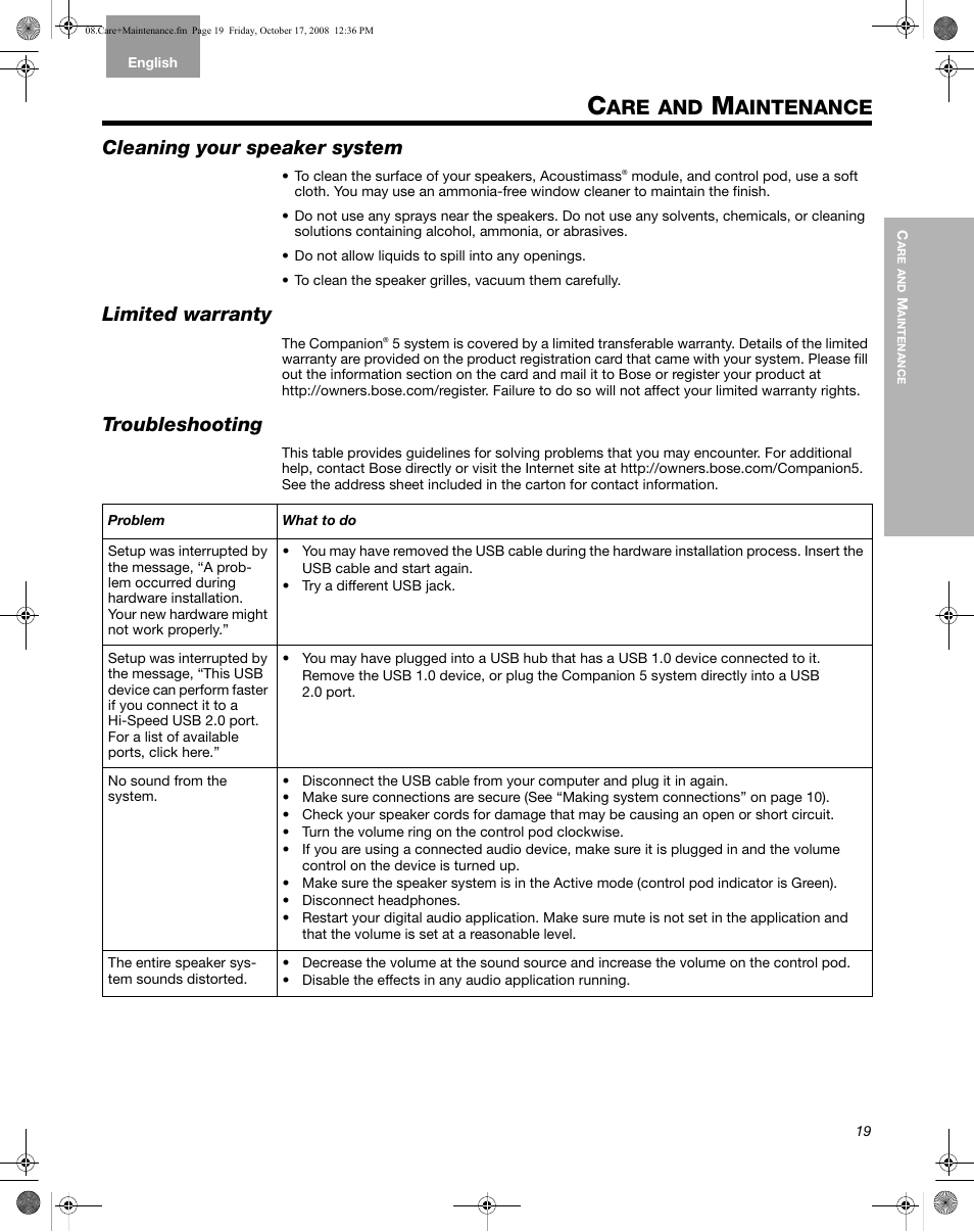 Care+maintenance, Care and maintenance, Cleaning your speaker system | Limited warranty, Troubleshooting, Aintenance | Bose Multimedia Companion 5 User Manual | Page 19 / 21