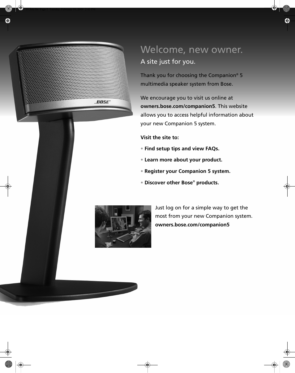 Safety, Welcome, new owner, A site just for you | Bose Multimedia Companion 5 User Manual | Page 2 / 21