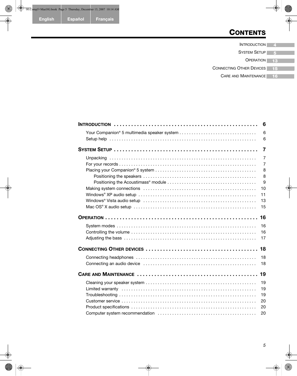 Comp5+macogtoc, Ontents | Bose Multimedia Companion 5 User Manual | Page 5 / 21