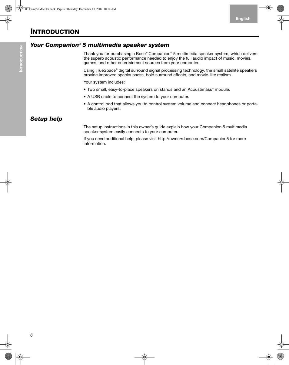 Intro, Introduction, Your companion® 5 multimedia speaker system | Setup help, Ntroduction, Your companion, 5 multimedia speaker system | Bose Multimedia Companion 5 User Manual | Page 6 / 21