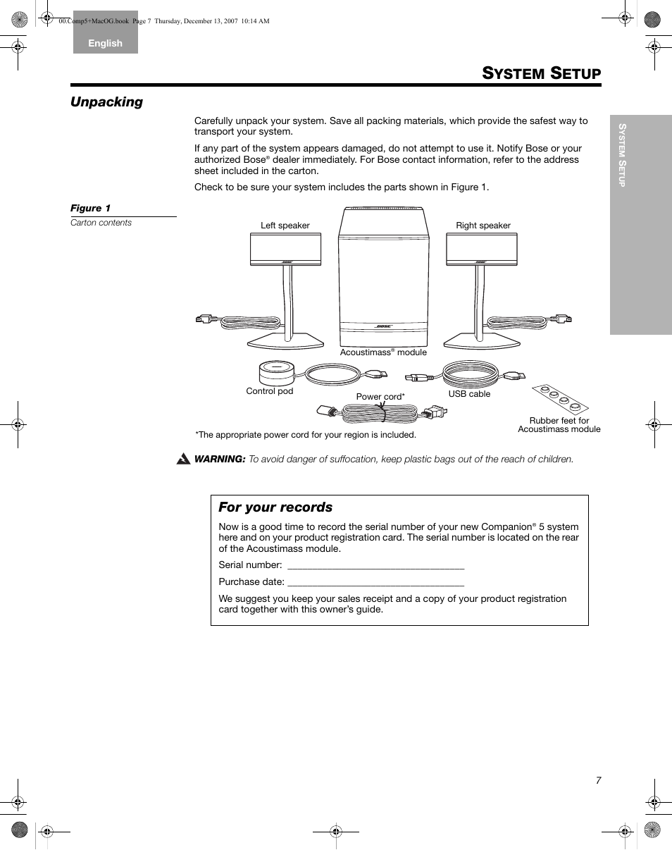 Setup_pc+mac, System setup, Unpacking | For your records, Ystem, Etup | Bose Multimedia Companion 5 User Manual | Page 7 / 21