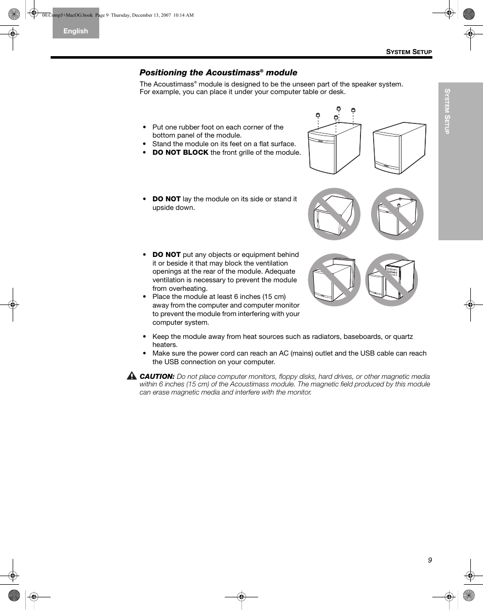 Positioning the acoustimass® module, Positioning the acoustimass, Module | Bose Multimedia Companion 5 User Manual | Page 9 / 21