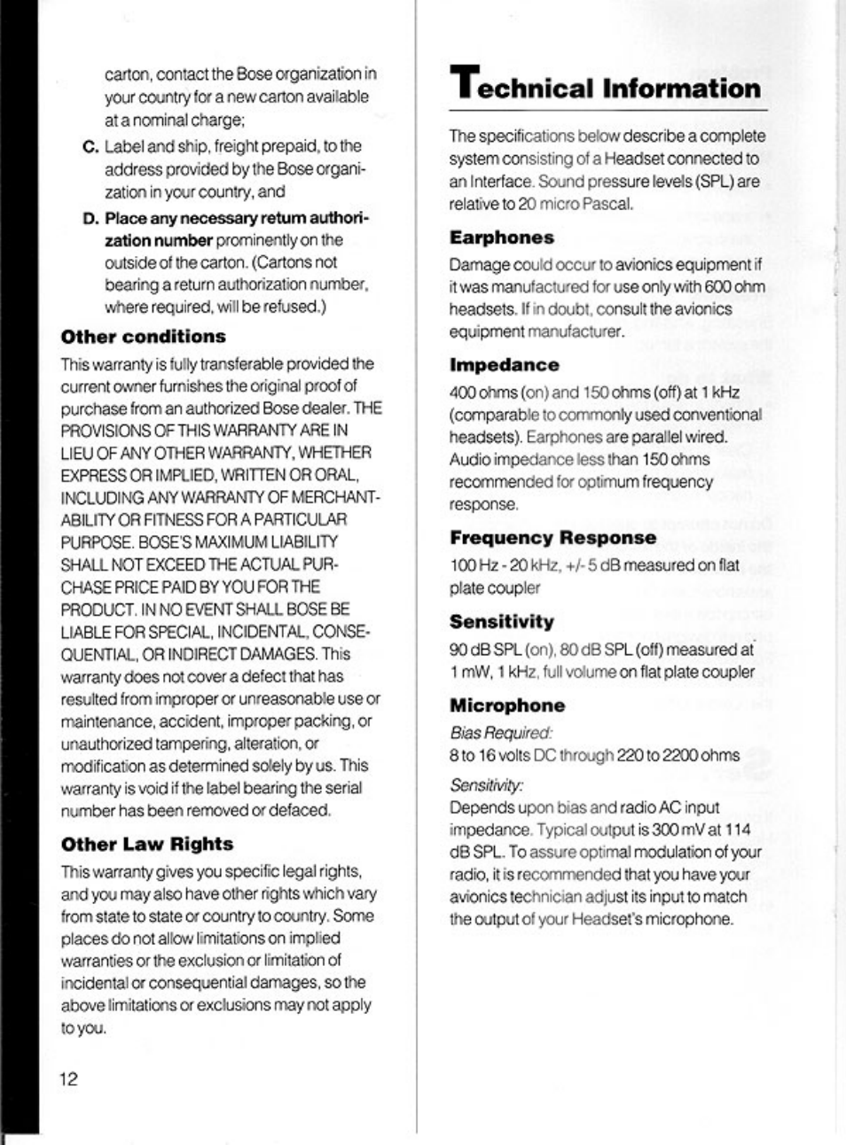 Other conditions, Technical information, Sensitivity | Bose X User Manual | Page 14 / 16