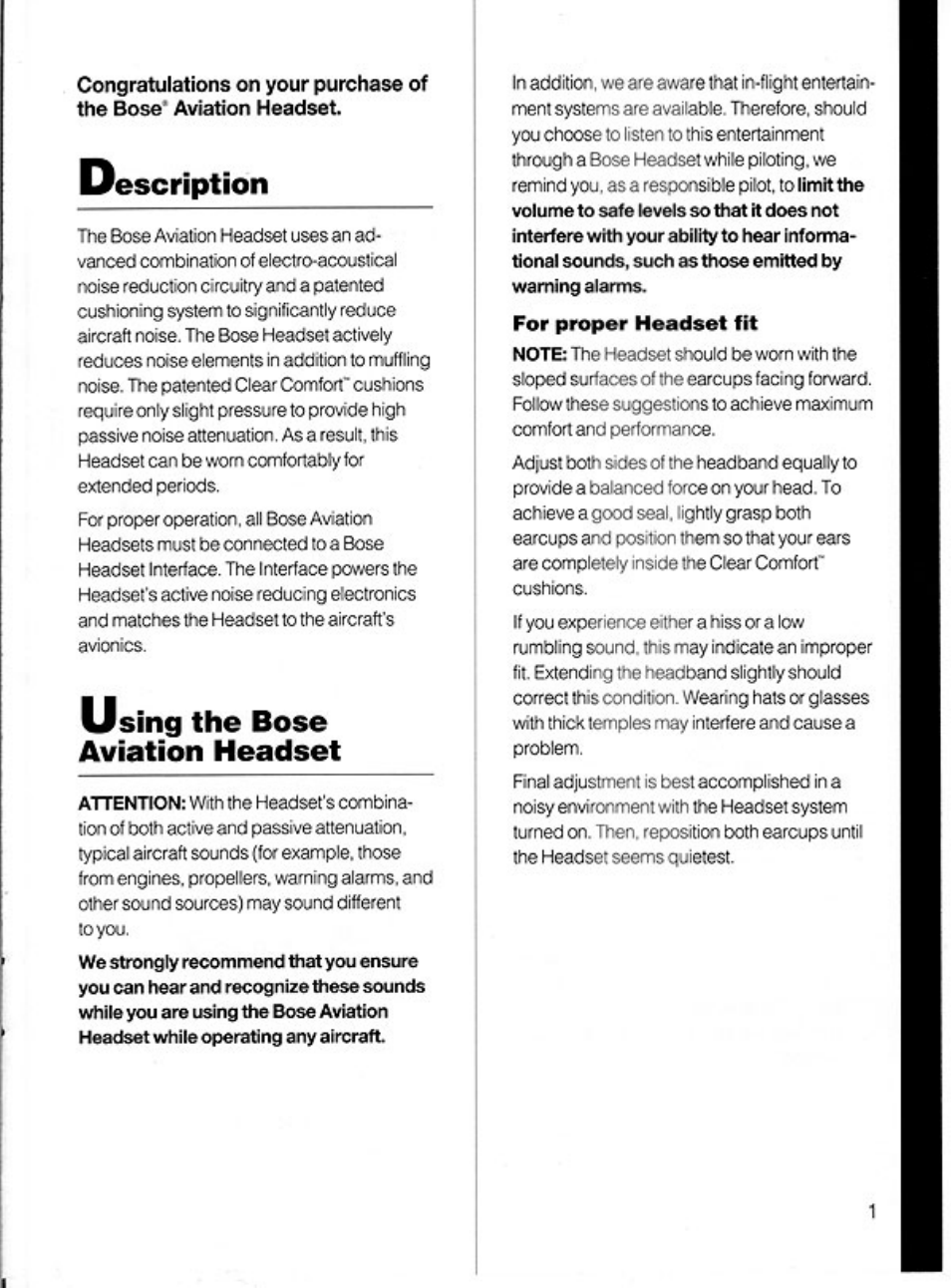 Description, Sing the bose aviation headset, Using the sose* aviation headset | Bose X User Manual | Page 3 / 16