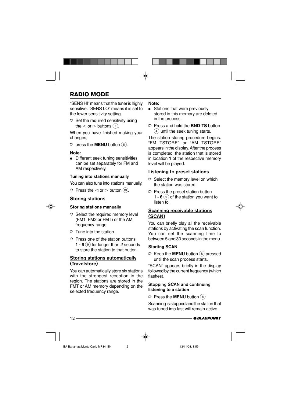 Radio mode | Blaupunkt Bahamas MP34 User Manual | Page 12 / 98