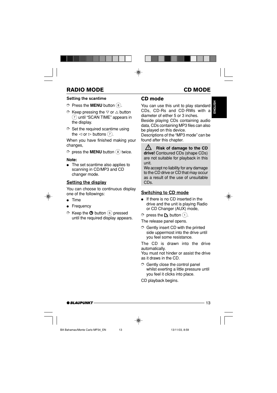 Cd mode radio mode | Blaupunkt Bahamas MP34 User Manual | Page 13 / 98