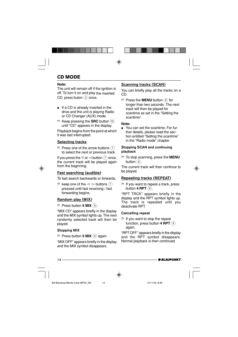 Cd mode | Blaupunkt Bahamas MP34 User Manual | Page 14 / 98