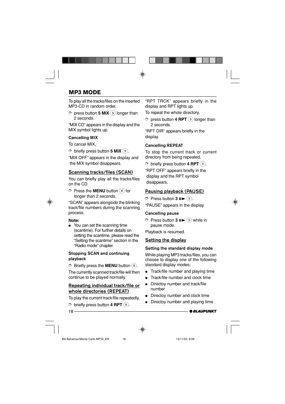 Mp3 mode | Blaupunkt Bahamas MP34 User Manual | Page 18 / 98