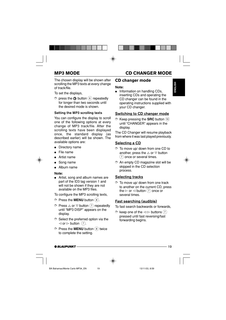 Cd changer mode, Mp3 mode | Blaupunkt Bahamas MP34 User Manual | Page 19 / 98