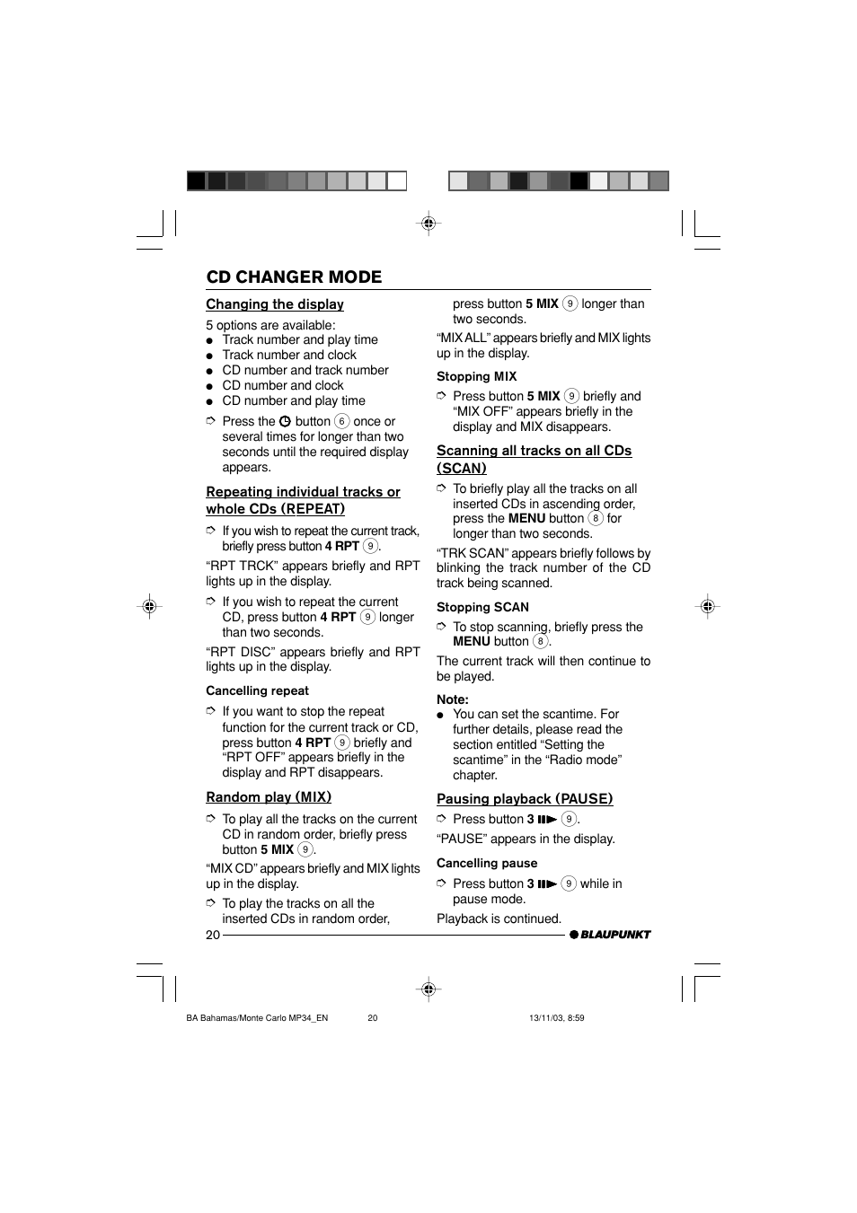 Cd changer mode | Blaupunkt Bahamas MP34 User Manual | Page 20 / 98