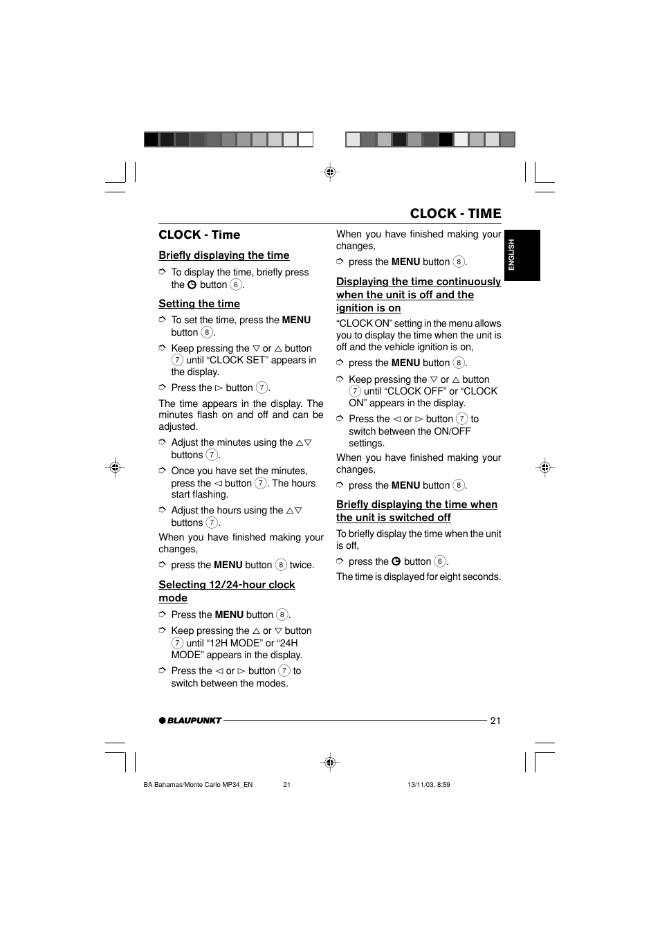 Clock - time | Blaupunkt Bahamas MP34 User Manual | Page 21 / 98