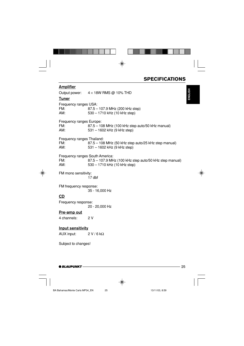 Specifications | Blaupunkt Bahamas MP34 User Manual | Page 25 / 98