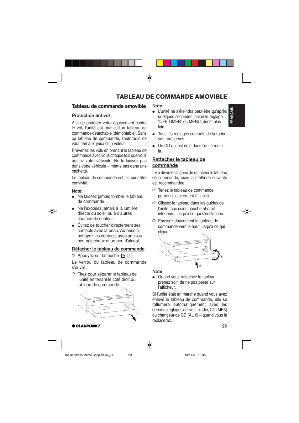 Tableau de commande amovible | Blaupunkt Bahamas MP34 User Manual | Page 29 / 98