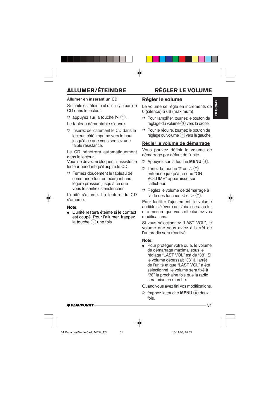 Régler le volume allumer/éteindre | Blaupunkt Bahamas MP34 User Manual | Page 31 / 98