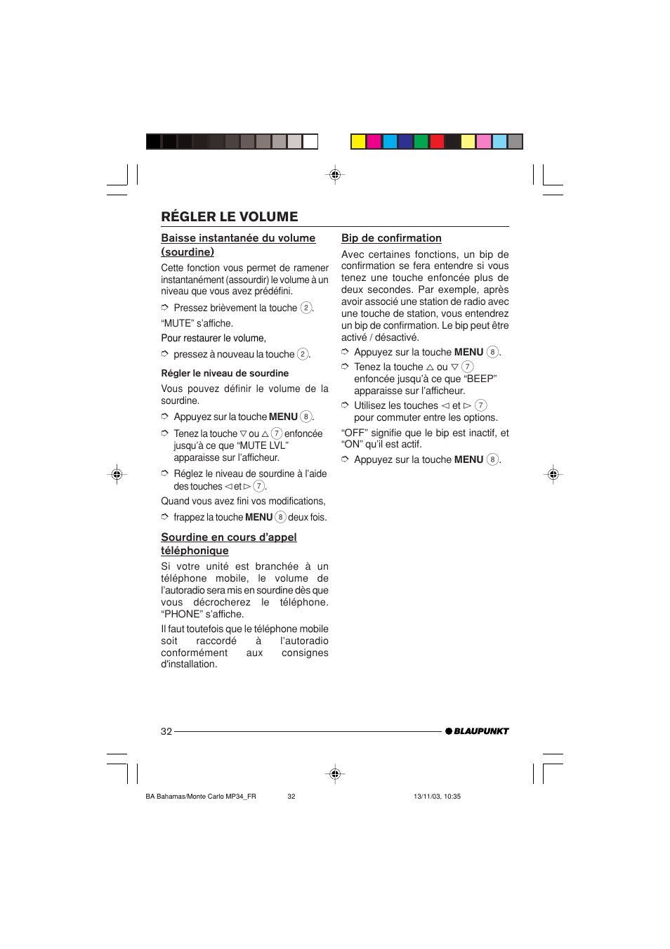 Régler le volume | Blaupunkt Bahamas MP34 User Manual | Page 32 / 98