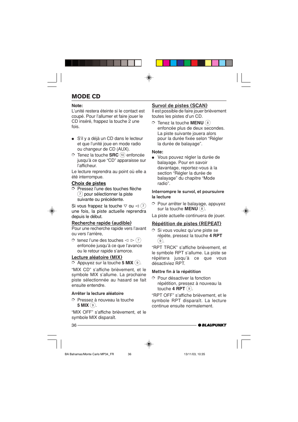 Mode cd | Blaupunkt Bahamas MP34 User Manual | Page 36 / 98