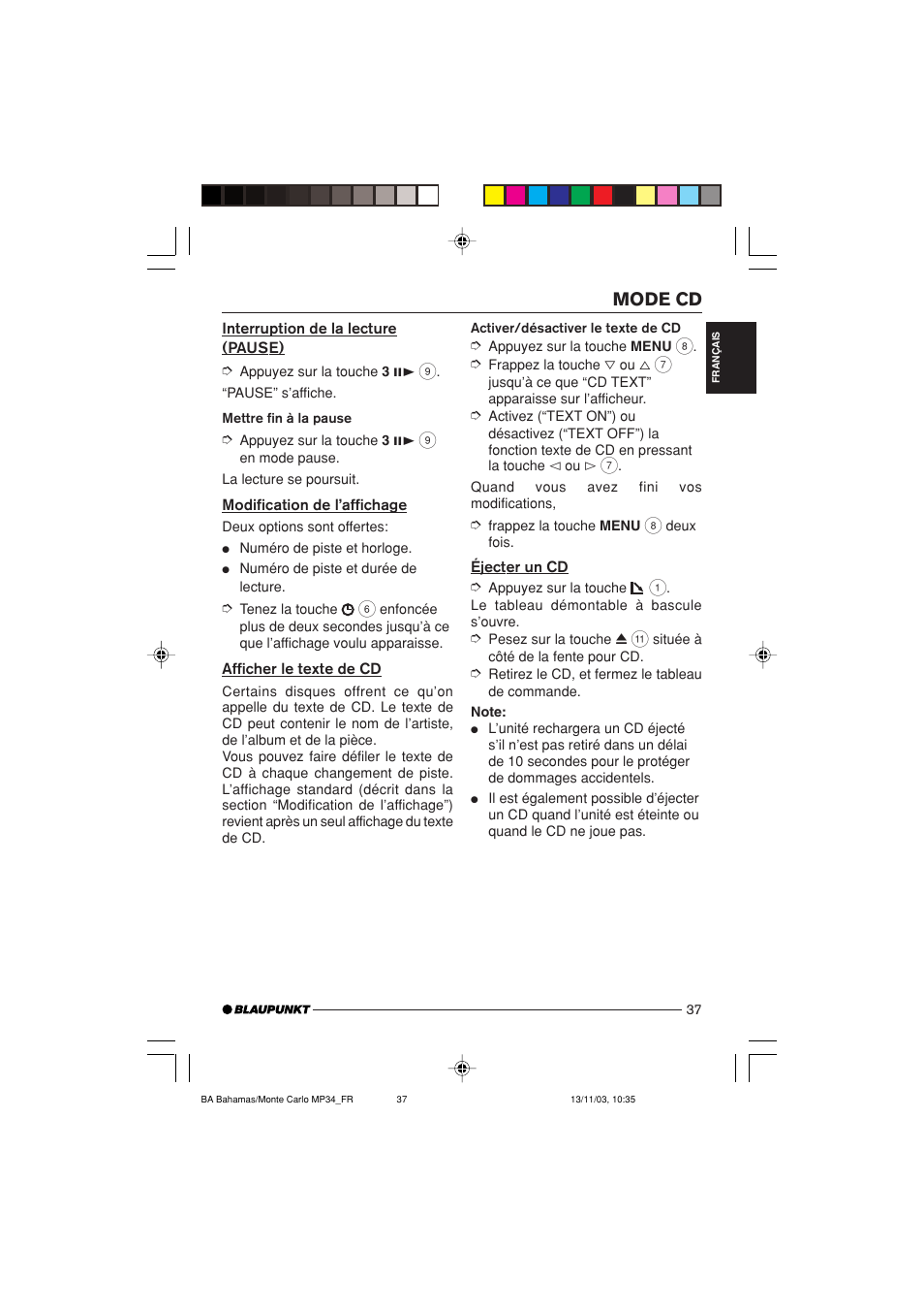 Mode cd | Blaupunkt Bahamas MP34 User Manual | Page 37 / 98