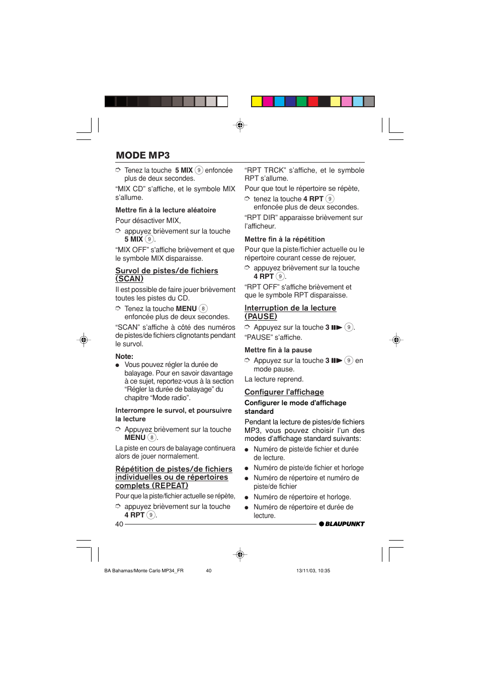 Mode mp3 | Blaupunkt Bahamas MP34 User Manual | Page 40 / 98