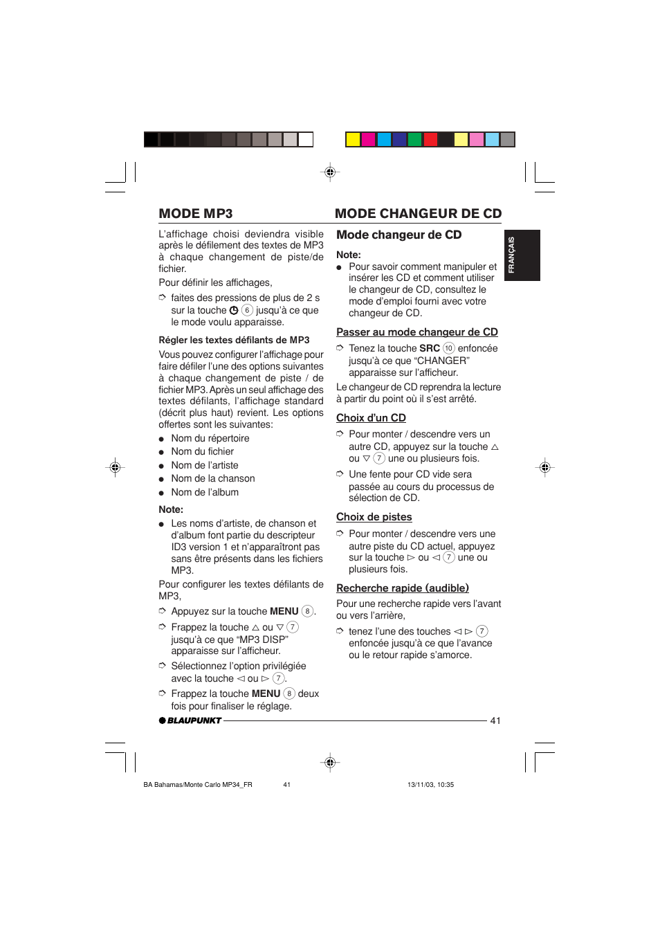 Mode changeur de cd, Mode mp3 | Blaupunkt Bahamas MP34 User Manual | Page 41 / 98