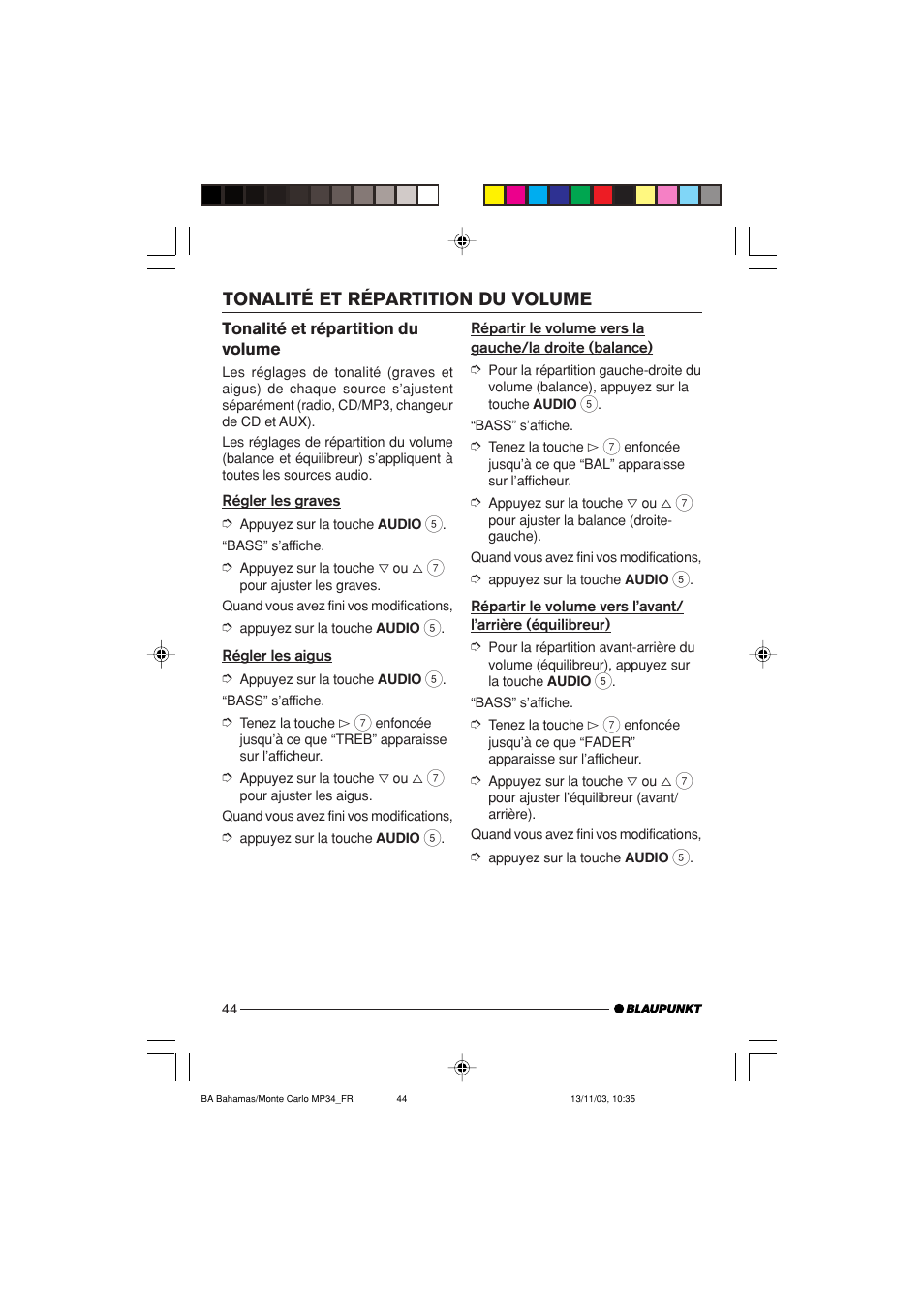 Tonalité et répartition du volume | Blaupunkt Bahamas MP34 User Manual | Page 44 / 98